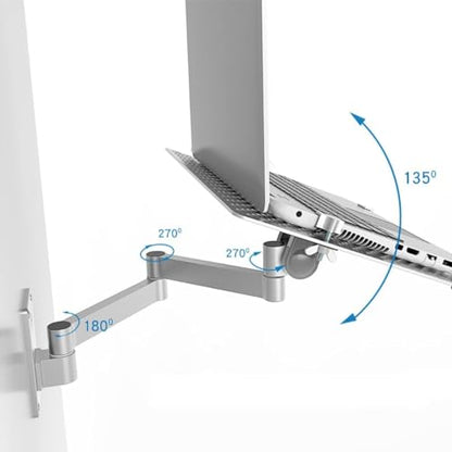 Monitor and Computer Stand, Wall Mount Computer Stand Extra Long Arm Stand with Tray, Ventilated Cooling Platform, Laptop Tray, Full Motion Articulating Laptop Tray