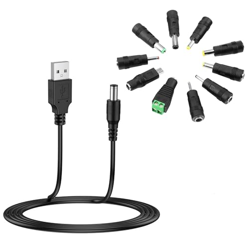 Universal 5V DC Power Cable, USB to DC Charging Cord with 10pcs Adapter Plugs Compatible with Webcam Router, Power Bank, Toy, Recorder, Bluetooth Speaker, Scanner, DVR, Hard Disk Box, USB-HUB etc.