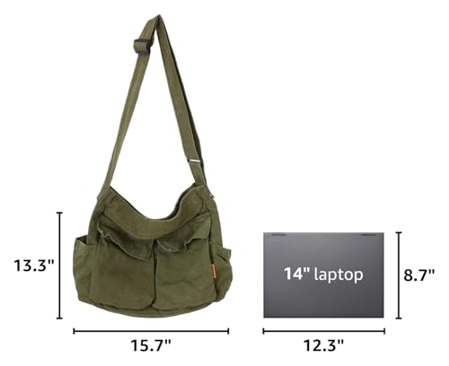 Canvas Messenger Bag Large Hobo Crossbody Bag with Multiple Pockets Casual Shoulder Tote Bag for Women and Men - color: Green 1