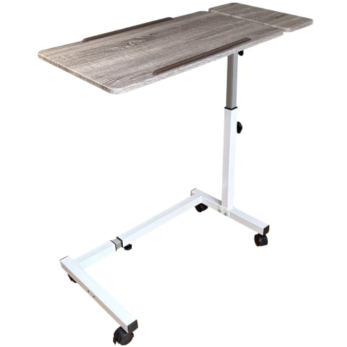 Recliner Table, Over the Bed Table with Wheels, Adjustable Width & Height, with Split Tilt Design & 4 Caster Wheels with Brakes (Vintage Oak Tabletop, White Base) - color: Vintage Oak, White Base