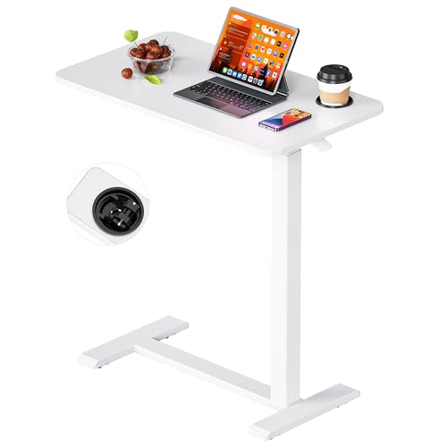 BIZUM Adjustable Bedside Table with Swivel Hidden Wheels Pneumatic Rolling Desk Mobile Standing Desk with Cup Holder for Hospital Home(31.5"x15.8" White) - color: White, size: 31.5"x15.8"