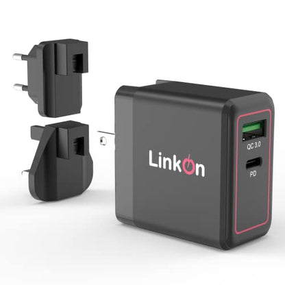 LinkOn Ganius 65W Wall Charger GaN Tech 65W USB-C PD3.0 PPS and 18W USB-A QC4.0+ Compatible with MacBook HP Dell Lenovo Surface Samsung Galaxy S20 Ultra Note 10+ Portable Laptop Travel International - color: Black 65W