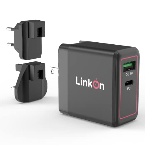 LinkOn Ganius 65W Wall Charger GaN Tech 65W USB-C PD3.0 PPS and 18W USB-A QC4.0+ Compatible with MacBook HP Dell Lenovo Surface Samsung Galaxy S20 Ultra Note 10+ Portable Laptop Travel International - color: Black 65W