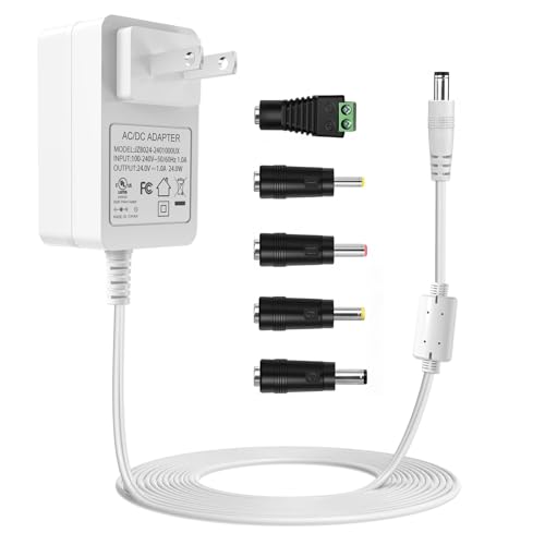 24V Power Supply Withe, AC 100-240V to DC 24 Volt 1A 24W Adapter. | DC 24V Power Cord Class 2 with 5 Tips, for LED Light Strip, String Lights, Soundbar, Massage Gun and More.