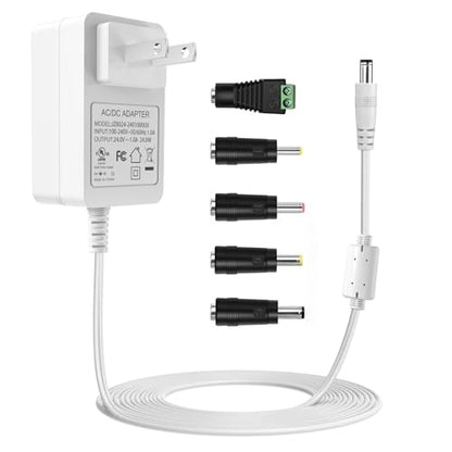 24V Power Supply Withe, AC 100-240V to DC 24 Volt 1A 24W Adapter. | DC 24V Power Cord Class 2 with 5 Tips, for LED Light Strip, String Lights, Soundbar, Massage Gun and More.