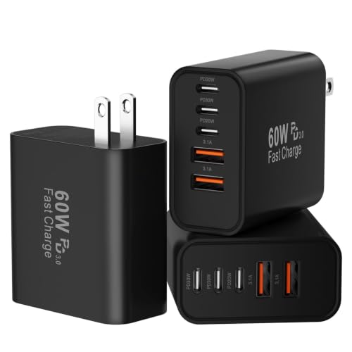 USB C Charging Blocks, 60W USBC Wall Fast Charger Block, Type C Phone USB C Charger Fast Charging Brick, 5-Port Multiport Charger Plug Power Adapter for Phone 17/16/15/14/13 Pro Max, Pad, S25-3Pack - color: Black-3Pack