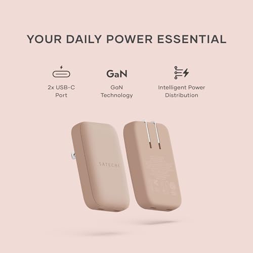 Satechi OntheGo 67W Wall Charger, GaN USB-C Fast Charging, Desert Rose | PD 3.0+PPS, dual-port power split (45W+20W), for MacBook, iPad, iPhone, Galaxy, Pixel, Steam Deck - color: Desert Rose