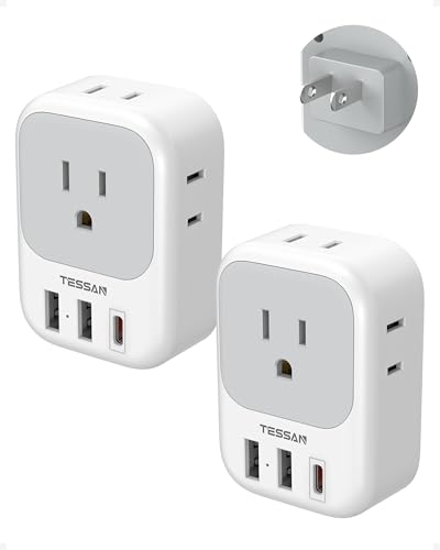 TESSAN 2 Prong to 3 Prong Outlet Adapter 2 Pack, US to Japan Plug Adapter | 4 Outlets 3 USB (1 USB C PD 20W), Outlet Adaptor US to Japan China Mexico Philippines Canada Peru Thailand Vietnam - color: White grey-Type A
