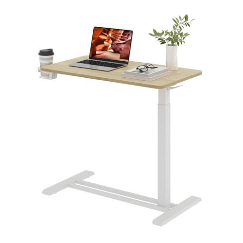 32''Large Medical Overbed Bedside Table with Wheels,Rolling Table | 31.5''x17.7'' White Wood Grain Pneumatic Tilting Desktop,Overbed Table with Hidden Casters for Hospital Use - color: White Wood Grain, size: Large