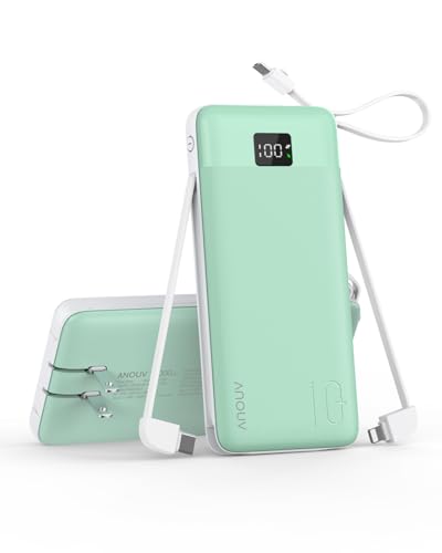 Portable Charger 10000mAh Power Bank w/Built-in 3 Cables & AC Wall Plug | 22.5W Fast Charging, Pass Through Charging, 0.68in Ultra Slim, TSA Approved, Travel Essential for iPhone/Samsung/iPad - color: Green