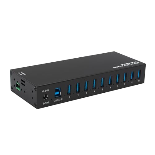 Kingwin Industrial USB 3.0 Hub 10-Port, Heavy-Duty Metal Mountable USB Hub with Power Adapter, 5Gbps SuperSpeed Powered USB Splitter for PC, Laptop, Mac, POS Systems & Factory Automation - size: USB 10-PORT