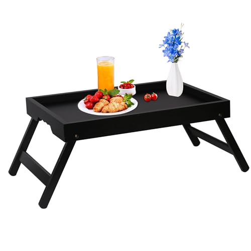 Bed Tray Table for Eating with Folding Legs, Bamboo Breakfast Table in Bed for Eating on Couch, Bed, Laptop Computer Tray(1 Pack Black, Medium) - color: Black, size: Medium(Pack of 1)