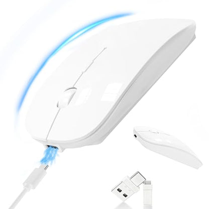 Silent Bluetooth Wireless Mouse with Jiggler, Rechargeable Portable Mouse for MacBook, iPad, Laptop & PC, Dual Mode BT5.2 and 2.4G, USB-C/USB-A Receiver, Adjustable DPI Compact Travel Mouse -White - color: White
