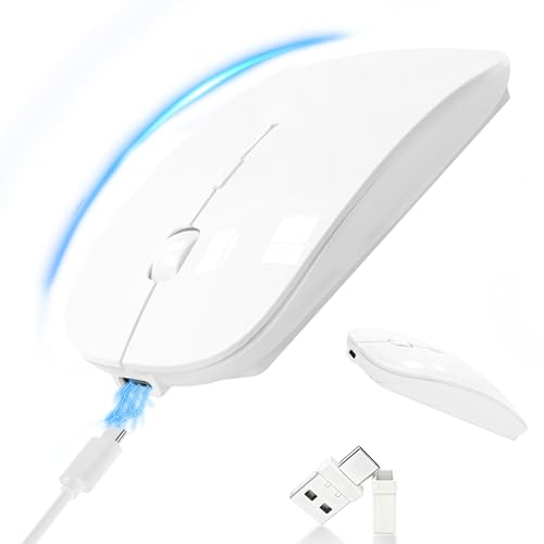 Silent Bluetooth Wireless Mouse with Jiggler, Rechargeable Portable Mouse for MacBook, iPad, Laptop & PC, Dual Mode BT5.2 and 2.4G, USB-C/USB-A Receiver, Adjustable DPI Compact Travel Mouse -White - color: White