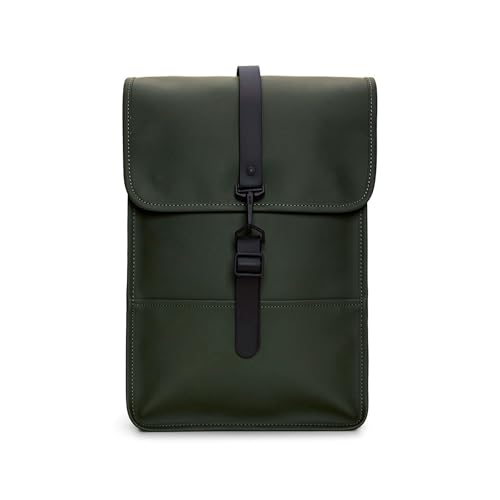RAINS Backpack Mini Waterproof Laptop Bag for Women and Men, Small | Small waterproof backpack in Green with a 15 in laptop pocket, flap, and carabiner - a mini daypack for women and men - color: Green, size: Mini