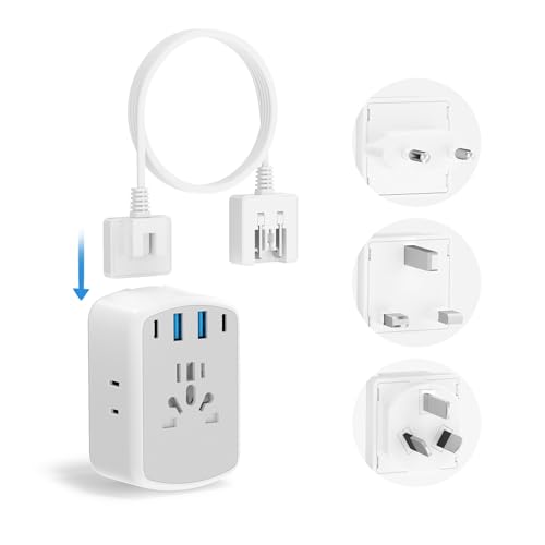 Kakyanill Universal Travel Adapter, Type A/C/G/I Plug Adapter, 5ft Detachable Extension Cord, 3 AC Outlets, 4 USB Ports (2 USB C), UK Europe Australia International Power Adapter - color: Grey