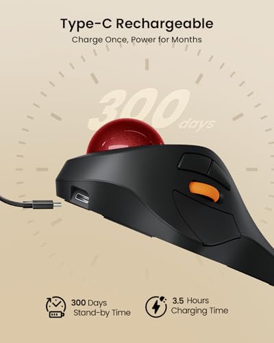 ProtoArc Wireless Bluetooth Trackball Mouse, EM03 NL Ergonomic Rollerball Mouse Rechargeable Computer Mice, 3 Device Connection, Compatible with PC, iPad, Mac, Windows-Red Ball - color: Red