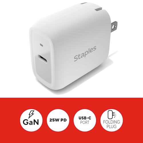 Staples TECH 25W USB‑C Fast Charger – GaN Compact Wall Adapter with Charging Cable, PD Fast Charging for iPhone, Samsung, iPad & USB‑C Devices - style: 25 Watt