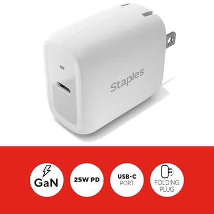 Staples TECH 25W USB‑C Fast Charger – GaN Compact Wall Adapter with Charging Cable, PD Fast Charging for iPhone, Samsung, iPad & USB‑C Devices - style: 25 Watt