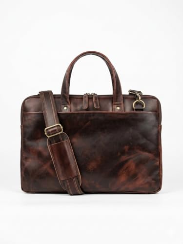 Genuine Leather Laptop Bag for Men & Women – 3 Compartment Briefcase with Padded Sleeve, 15.5 Inch Office Bag - color: Brown