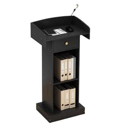 Wooden Lectern Podium Stand with Spacious Drawer & Open Storage, Lightweight Conference Table for Presentations, Versatile Use as Laptop Desk, Square Design - color: Black
