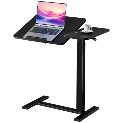 DUMOS Adjustable Bedside Overbed Table with Wheels, Black | Laptop Standing Desk with Tilting Top Height, Mobile Rolling Computer Cart for Hospital Home Bedroom Use - color: Black, size: 27.5" x 15.7" x 43.3"