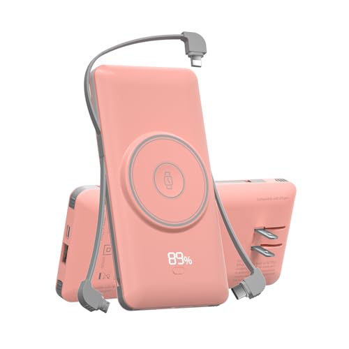 Magnetic 10000mAh Portable Charger for iWatch & iPhone, PD Fast Charging Wireless Power Bank Built-in Cables and Wall Plug, External Travel Battery Pack Compatible with iOS Android Phones - color: Pink