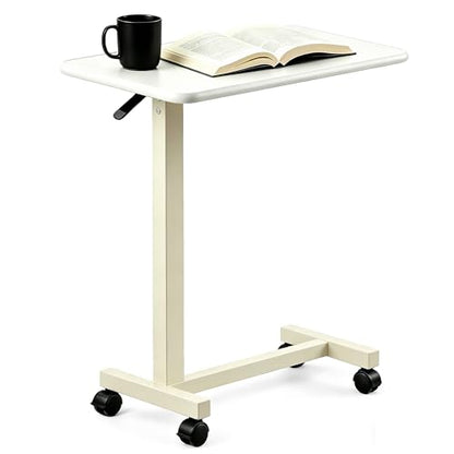 Adjustable Overbed Table with Wheels, Pneumatic Height Lift Rolling Bedside Table, Standing Desk for Home & Office Use, Ideal for Seniors & Limited Mobility(White) - color: White