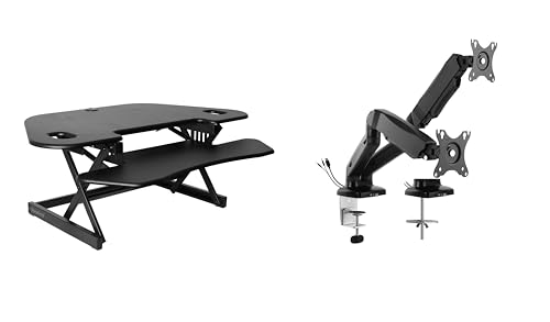 Rocelco 46" Height Adjustable Corner Standing Desk Converter with Dual Monitor Arm Mount Bundle - Sit Stand Up Tabletop Computer Workstation Riser - Extra Large Keyboard Tray - Black (R CADRB-46-MA2) - color: Black, style: Riser + Premium Dual Mount