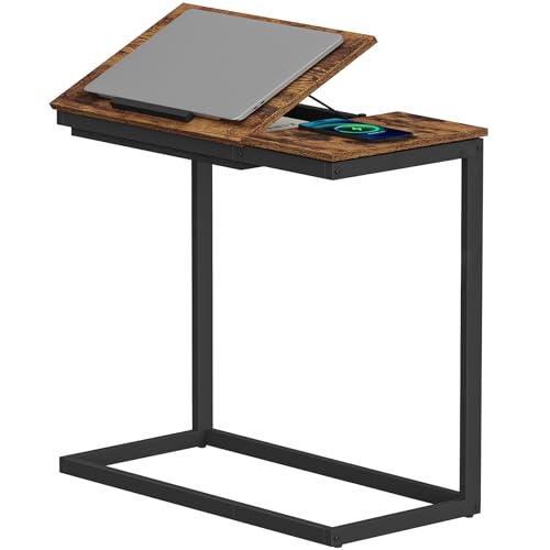 TUTOTAK Large C Shaped End Table, Side Table, Couch Computer Table C Table | Tilting Laptop Stand with Storage, Computer Couch table for Living Room, Bedroom, Brown TB01BB089 - color: Brown, style: Modern