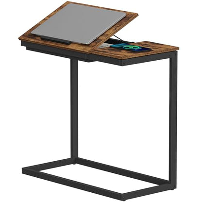 TUTOTAK Large C Shaped End Table, Side Table, Couch Computer Table C Table | Tilting Laptop Stand with Storage, Computer Couch table for Living Room, Bedroom, Brown TB01BB089 - color: Brown, style: Modern