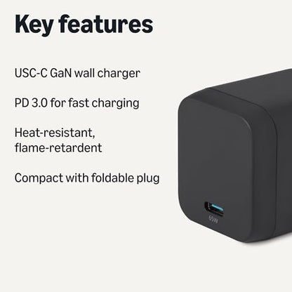 Amazon Basics 65W Fast Charging USB-C GaN Wall Charger, 1-Port PD 3.1, Compact with Foldable Plug for Laptops, Tablets, Phones, Black - color: Black, style: 65 W One Port