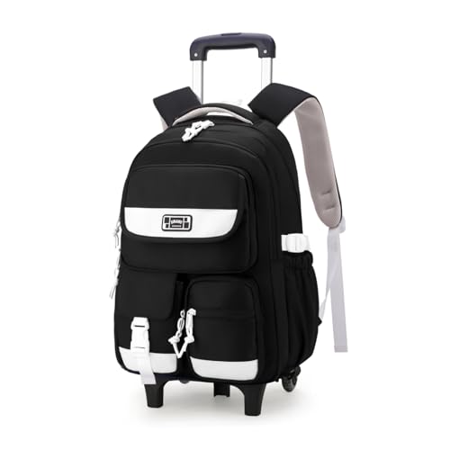 Solid Color Rolling Backpack for Girls Boys Cute Elementary school bag with wheels,Black Trolley Bags for Travel - color: B-black-2 Wheels, size: 2 Wheels