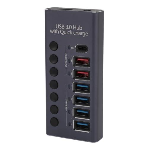 Powered USB 3.0 Hub, Plug and Play 100-240V Individual Switches 5Gbps 7 Ports USB Hub Protector for Laptop (US Plug 100‑240V)