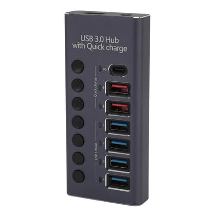 Powered USB 3.0 Hub, Plug and Play 100-240V Individual Switches 5Gbps 7 Ports USB Hub Protector for Laptop (US Plug 100‑240V)