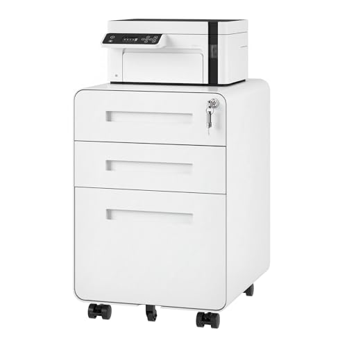 FLEXISPOT Mobile File Cabinet for Home Office 3 Drawer File Cabinet Under Desk Storage Filing Cabinet for Legal/Letter/A4 File,Round Corner Design,White - color: White, style: Rounded Corner