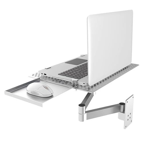 Laptop Wall Mount, Adjustable Laptop Holder with Mouse Tray, Vented Cooling Platform, Full Motion Articulating Notebook Tray, Weight Capacity 8KG, for Office, Workstation