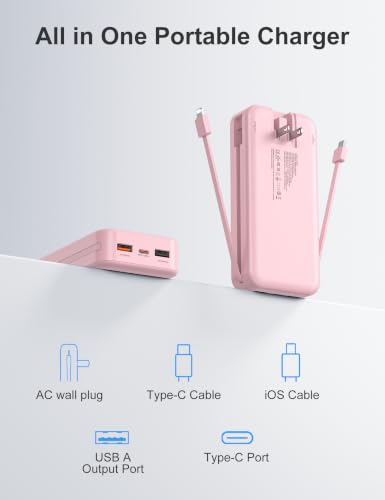 20000mAh Ultra Portable Charger Power Bank with inBuilt Cables&AC Wall Plug | PD20W USB-C Fast Charging Cell Phone Charger Battery Pack,LED Display Travel Battery Bank for All iPhone,Samsung,Android - color: Pink-20Ah