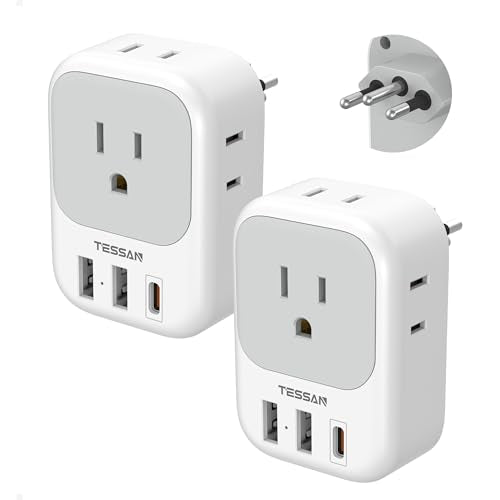 TESSAN Brazil Plug Adapter 2 Pack, 7 in 1 US to Brazil Power Adapter | 3 USB Ports (1 USB-C PD 20W Port) 4 American Outlets, Type N Travel Adaptor for USA to Brazilian - color: White grey-Type N