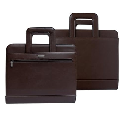 14" Laptop Briefcase, Vegan Leather Portfolio with Zipper Compartments x 2, A4 Papers Holder Padfolio Organizer - color: Brown