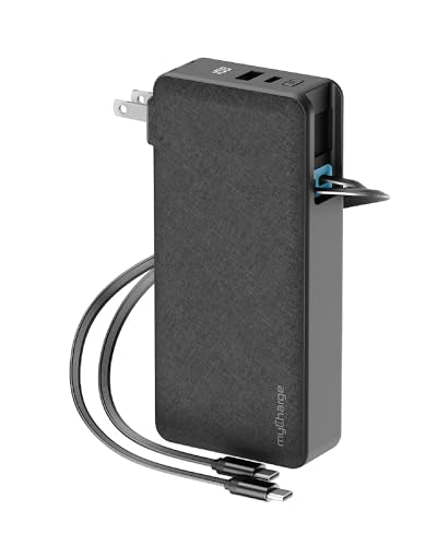 myCharge RetractaCharger 20000mAh Portable Charger Power Bank for Laptops, Phones & Tablets with 28-inch Retractable Dual USB-C Cables | Premium Fabric | Built-in Wall Plug | 30W PD Fast Charging