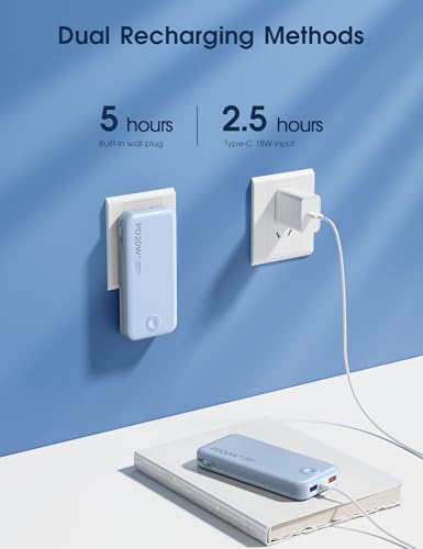 Nusyddy Portable Charger 10000mAh Fast Charging w/Built-in Wall Plug Blue | PD20W Fast Charging, LED Indicator, Pass Through Charging, TSA Approved, Compact/Slim, Power Bank for iPhone/iPad/Samsung - color: Cerulean