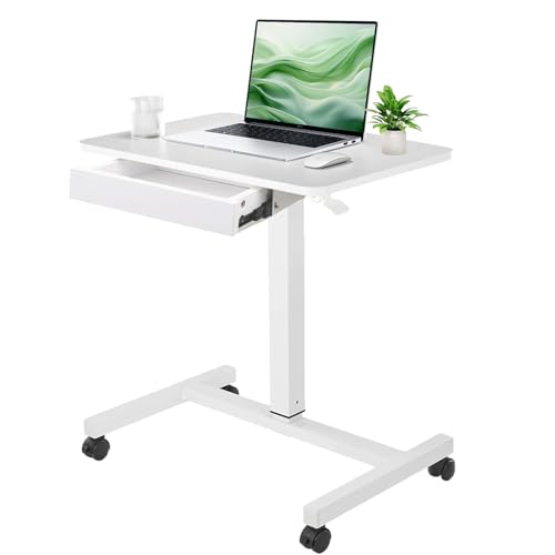 CLATINA Mobile Laptop Standing Desk, Height Adjustable Teacher Podium with Lockable Wheels, Adjustable Work Table with Drawer, Computer Cart Overbed Table for Home Office Classroom, White - color: White, size: With Drawers