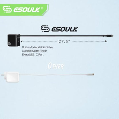65W USB C Charger with Retractable Cable Dual Port Foldable Plug | 65W Fast Charging for Laptops Tablets and Phones, 27.5 Inch Built In Retractable USB C Cable, Dual USB C Ports