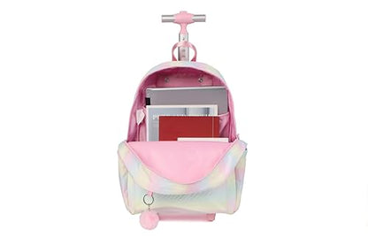 Rolling Backpack with Wheels School Trolley Laptop Bag with Lunch Box 3pc Set for women (PU PINK) - color: Pu Pink