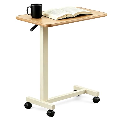 Adjustable Overbed Table with Wheels, Pneumatic Height Lift Rolling Bedside Table, Standing Desk for Home & Office Use, Ideal for Seniors & Limited Mobility(Walnut White) - color: Walnut White