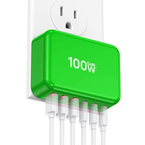 Fast Charger Block, GaN 6 Port USB C Charging Station Hub Cube, 100W Multiport Type C Wall Charger Power Strip Plug with PD 3.0+QC for iPhone 16 Pro Max 15 14 13 12 11 XR XS 8 7, Samsung, iPad, Table - color: Green