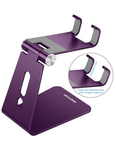 OMOTON C2 Adjustable Cell Phone Stand with Charging Cutout, Deep Purple | Sturdy 3mm Aluminum, Charging Port, 270° Adjustable, Non-Slip Silicone Pads, Works with Thick Cases, for All Smartphones - color: Deep Purple