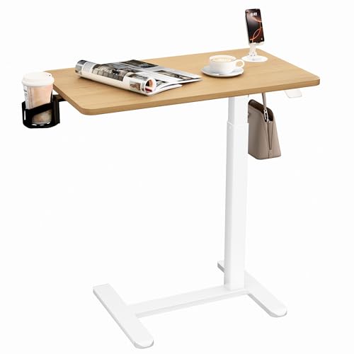 YESHOMY Adjustable Bedside Table with Wheels, Phone Stand, Cup Holder and Headphone Hook, Adjustable Height Side Table, Hospital and Home Use, Beige - color: Beige, size: 27.5 Inch