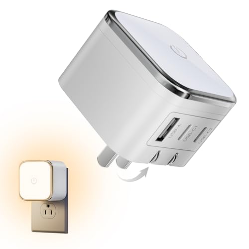 USB C Charger Block, 65W GaN Wall Charger with Touch-Control Night Light | White, 3 Port, Foldable Plug, PD PPS Support, Travel and Office Use, iPhone 17/16, Galaxy S26/S25, Pixel, iPad, MacBook - color: white, size: 65w-3 Ports